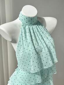 SHEIN PETITE 女款春夏休閒度假風荷葉邊拼接四層雪紡波點印花布料優雅顯瘦抓皺修身沙灘穿搭綁帶襯衫，適合嬌小女性 - 綠色 - 查看 5