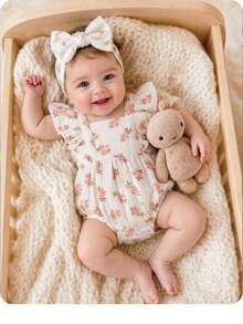 SHEIN Baby Girl Cute Floral Pattern Ruffle Trim Romper, Summer - Beige - View 3