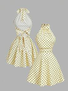 SHEIN MOD Women's Elegant 70s Retro Black White Polka Dot Print Halter Neck Mini Dress For Summer Party Festival Festa Junina Elegant Party Wedding Party Dress - Yellow - View 2