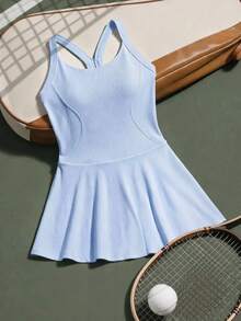 SHEIN Cheerettes Women's Minimalist Solid Color Racerback Waist Cinched Casual Sports Dress - Blue - View 3