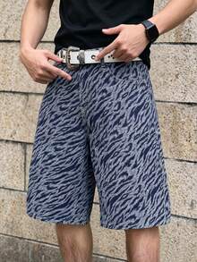 Manfinity EMRG Men's Pocketed Zebra Print Oversized Wide Leg Denim Shorts, Holiday - Blue - View 5