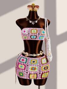 Zestiva 2pcs/Set Spring Summer Crochet Granny Square Pattern Design Bandeau Backless Mini Skirt Beach Vacation Women's Cover-Up Set - Pink - View 1