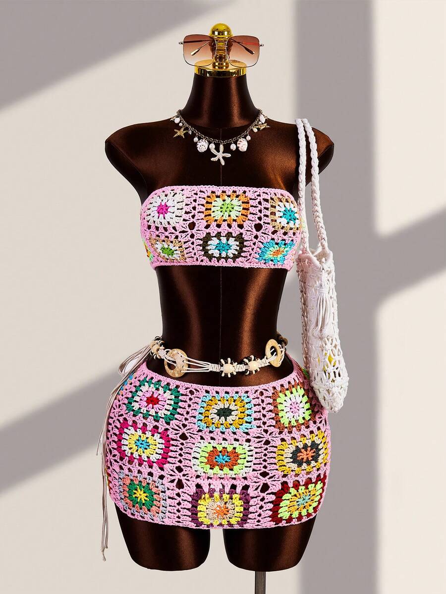Zestiva 2pcs/Set Spring Summer Crochet Granny Square Pattern Design Bandeau Backless Mini Skirt Beach Vacation Women's Cover-Up Set - Pink - View 1