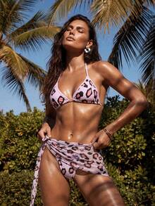 Anewsta Conjunto de bikini sexy de mujer con tirantes finos tipo halter, estampado de leopardo, para verano y playa - Multicolor - Ver 1