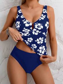 SHEIN Swim 女款花卉印花休閒坦基尼泳裝套裝，適合海邊度假 - 藍色 - 查看 1