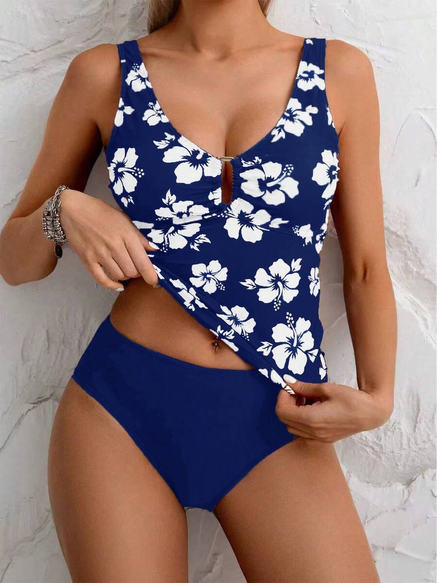 SHEIN Swim 女款花卉印花休閒坦基尼泳裝套裝,適合海邊度假 - 藍色 - 查看 1