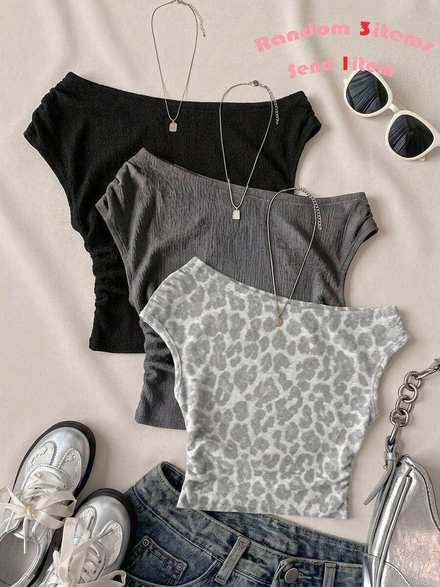 Atasan Crop Top Asimetris Berkerut Minimalis Kasual untuk Remaja Perempuan, Cocok untuk Musim Semi dan Musim Panas, Pakaian yang Dipersonalisasi, Pakaian Rumahan Sehari-hari - Putih - View 1