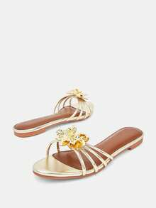Glitzique Women's Elegant Gold Metal Flower Decor Strap Dress Flat Mules Shoes, Comfortable Round Toe Slip-On Daily And Party Wear,Spring Summer Outfits - Gold - View 7