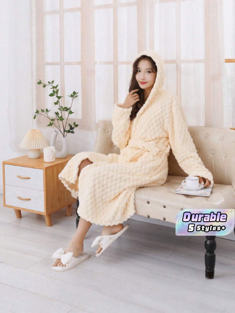 1 件珊瑚绒，玳瑁纹，带帽浴袍，长袍，家居服，晨袍；柔软，舒适，吸水性强。 - 白色 - 查看 1