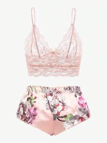 Elorette Floral Lace Bralet With Floral Shorts - Coral Pink - View 7