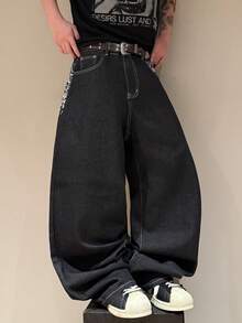 STEELVANCE 男士街頭風復古時尚百搭口袋刺繡設計寬鬆寬腿長褲（不含腰帶與配件） - 黑色 - 查看 3