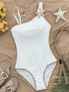 SHEIN Traje de baño de una pieza con bloques de color y ribete para niña preadolescente, ideal para vacaciones en la playa - Blanco - Ver 3