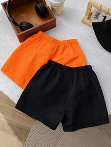 SHEIN 2件套男童休闲舒适时尚简约实用可爱柔软透气短裤，适合度假、日常、上学、旅行、运动、春夏季男童泳装 - 橘色 - 查看 3