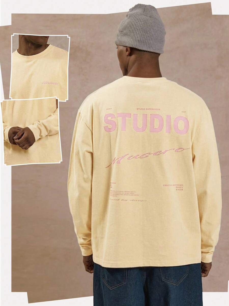 Camiseta de manga larga con cuello redondo oversize con estampado gráfico de eslogan "MUSERO STUDIO" Esenciales de primavera y verano - Crema - Ver 1