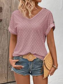 EMERY ROSE Women's Solid Color Button Design V-Neck Short Sleeve Casual T-Shirt - Rusty Rose - View 4