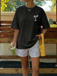 Muchica Oversize T-Shirts Casual Minimalist Graphic Round Neck Short Sleeve Extra Loose Plus Size T-Shirt - Black - View 4