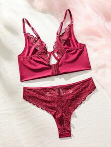 Slumberist Contrast Lace Underwire Lingerie Set - Burgundy - View 2