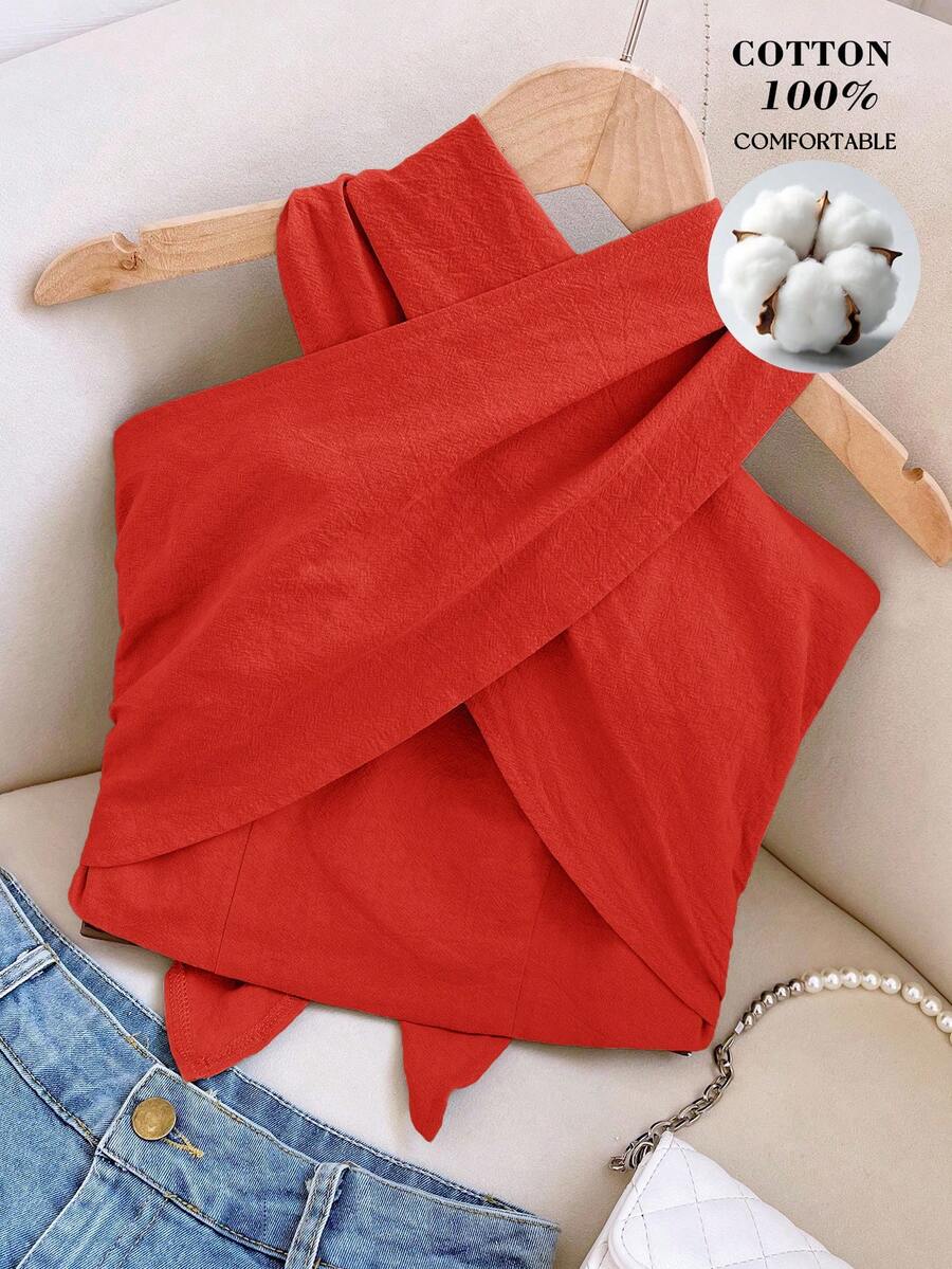 Travachic Women's Solid Color Criss-Cross Design Fashion Halter Top,Summer Top - Red - View 1