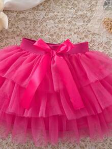 SHEIN Young Girl Mesh Overlay Layer Hem Belted Skirt - Hot Pink - View 8