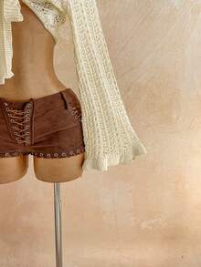 Soleia Women's Vacation Casual Solid Color Tie-Front Bell Sleeve Cropped Knit Top - Apricot - View 6