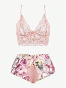Elorette Floral Lace Bralet With Floral Shorts - Coral Pink - View 6