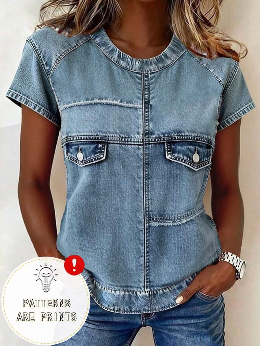 EMERY ROSE Denim Effect Print Round Neck Fitted Short Sleeve T-Shirt - Blue - View 1