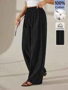 SHEIN Tall 女款純色休閒直筒長褲 冬季黑色 春季 高個女性適用 - 黑色 - 查看 3