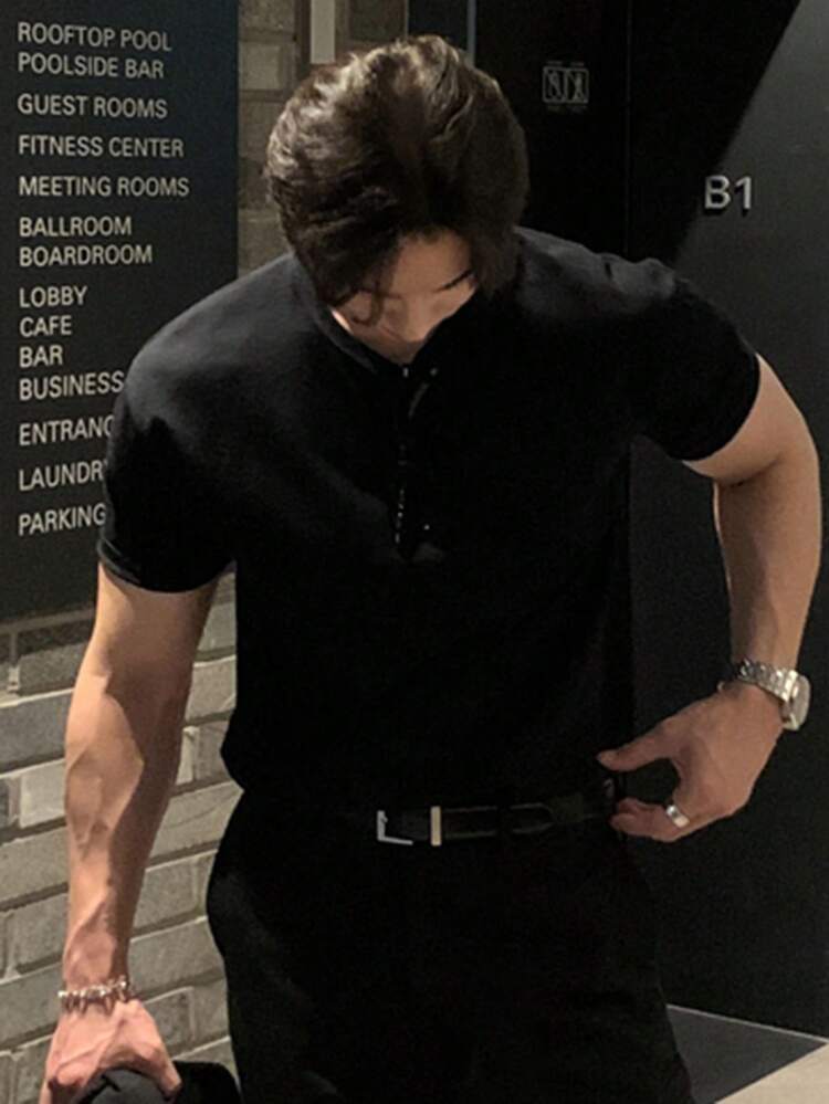 DAZY Short Sleeve Black Solid Color Crew Neck Men's T-Shirt - Black - View 4