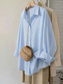 SHEIN CURVE+ 淺藍色細條紋襯衫 光滑混紡襯衫面料 經典寬鬆 2026 大尺碼 22W 約會之夜 秋季 - 藍色 - 查看 5