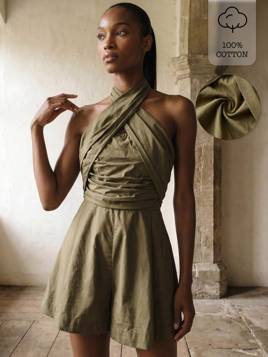 Rouah Womens Cross Neck Halter Backless Solid Color 100 Cotton Jumpsuit Summer Olive Green Party Brunch Vacation Casual - Army Green - View 1