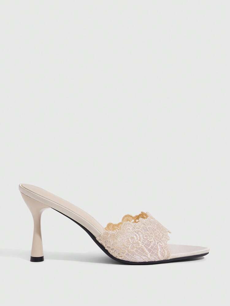 CUCCOO SZL Sweet Lace Mesh Fashion Temperament With Fairy Thin Heels Sandals Girl Wearing Open-Toed Apricot High-Heeled Slippers