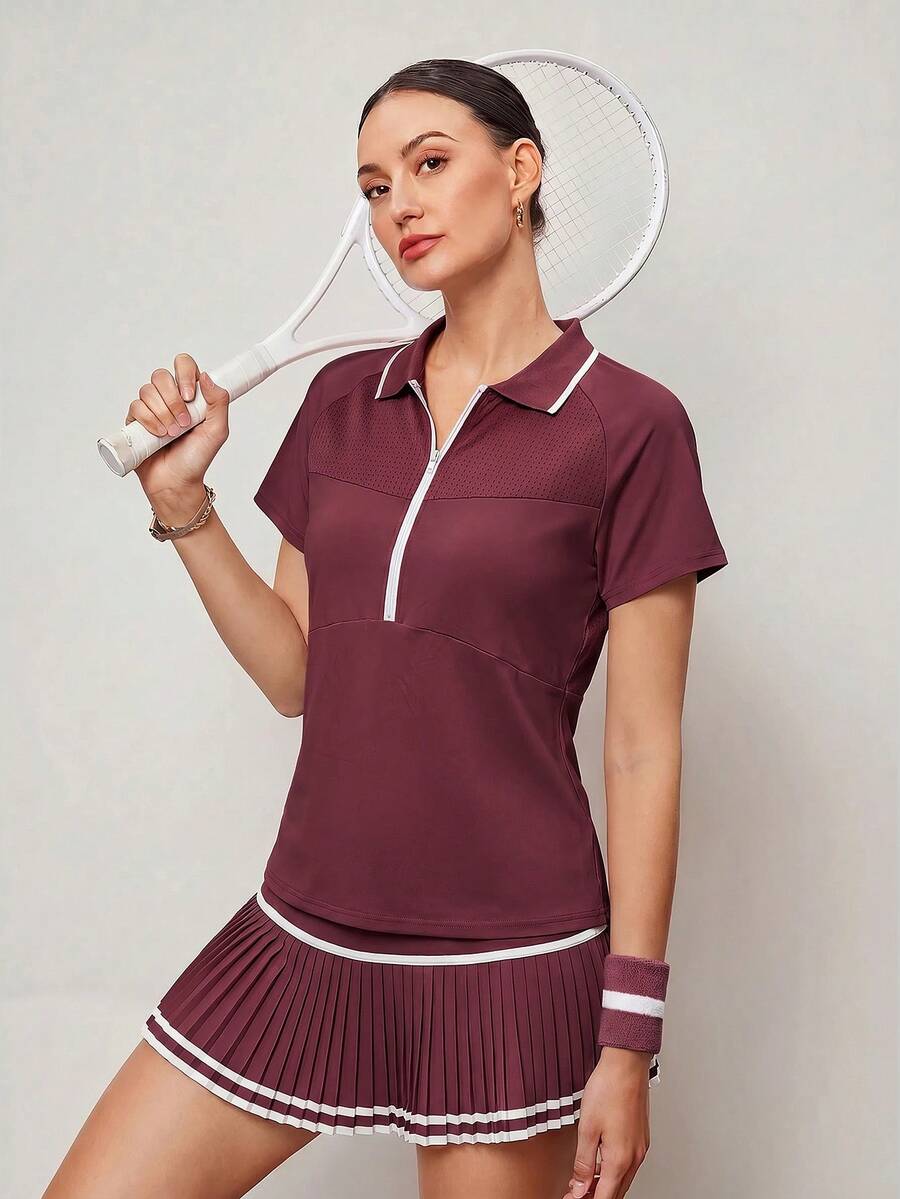Activina 女款半拉鍊短袖運動 Polo 衫,適合戶外穿著 - 酒紅色 - 查看 1