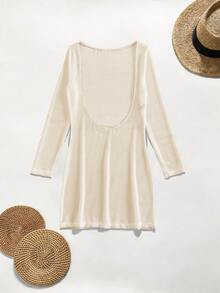 Bonvoyette Women's Solid Color Low Neck Long Sleeve Cover-Up Dress For Vacation - Apricot - View 3