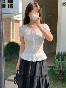 DAZY 女款圓領波點領結短袖T恤 - 白色 - 查看 5