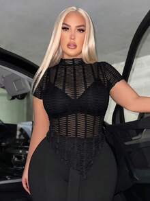 SHEIN SXY 扭花圖案透視短袖夏季上衣 - 黑色 - 查看 7