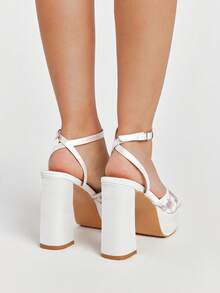 ROMWE Kawaii Women's Shoes Fashion Mesh Flower Embroidery Square Toe Open-Toed Ankle Buckle Strap High Heels Women's Elegant Romantic Comfortable Versatile Thick Heel Sandals - Snowflake White - View 5