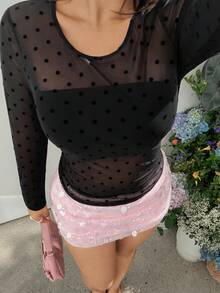 GalTyme 大尺碼女款透視波點印花長袖基本上衣 - 黑色 - 查看 6