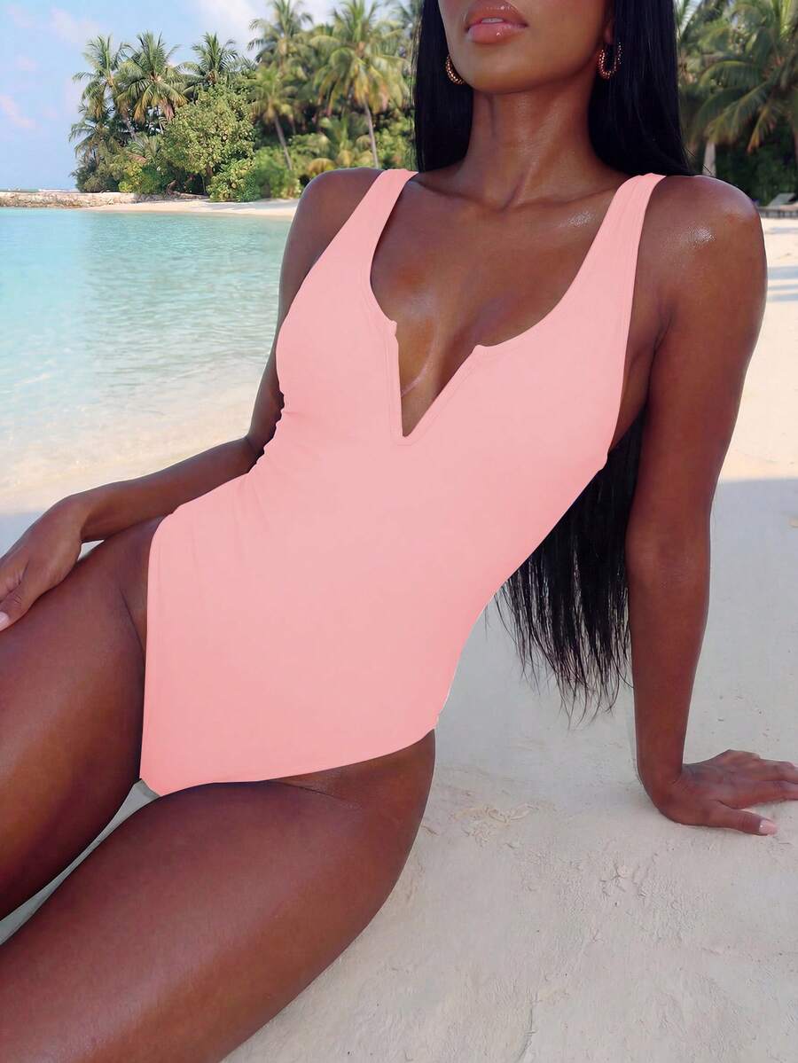Swim Basics Women's Solid Color One-Piece Swimsuit, Suitable For Beach Vacation, Pool Party Coral Peach Summer Sexy - Pink - View 1