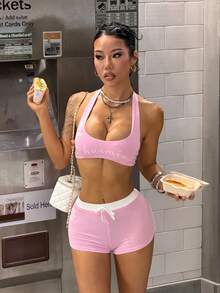 StreetHx Women's Spring/Summer Hot Girl Streetwear Set, Halter Top With Design Sense And Colorblock Shorts - Pink - View 3
