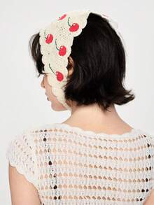 ROMWE Kawaii Boho 1pc Knitted Cherry Design Music Festival Bandana Headband Strawberry Valentine's Day Valentines Hair Scarf, Headscarf Fall Winter Hair Band Hair Accessories For Women For Vacation Outfits Woman Summer Outfits - Beige - View 4