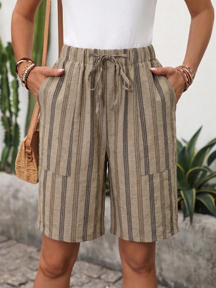 EMERY ROSE Khaki Bermuda Shorts With Side Pockets, Loose Fit, Knee-Length, Mid-Waist, Fashion Basic Vacation Summer Modest - Brown - View 4