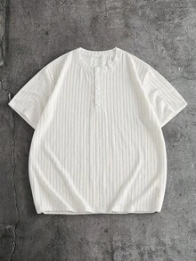 SIGLOCORE Camiseta casual de manga corta con media pechera de botones de unicolor para hombres - Blanco - Ver 9