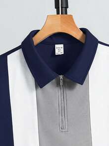 SHEIN 2pcs/Set Teen Boy Casual Collegiate Color Block Polo Shirt & Shorts Set, Suitable For Commuting, - Navy Blue - View 8