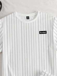 Manfinity Hypemode Casual Fashion Retro Faux Ribbed Label SO WHAT Print White Short Sleeve T-Shirt And Shorts Set, Suitable For Spring And Summer - Multicolor - View 2