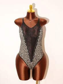 SHEIN 1pc Plus Size Lace Patchwork Leopard Print Wireless Sexy Bodysuit - Multicolor - View 3