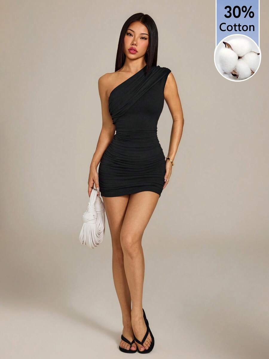 SHEIN PETITE Đầm slip mini ôm sát cơ thể màu trơn dành cho nữ, chất liệu cotton pha thoải mái, co giãn tốt, phù hợp cho mùa hè và các buổi tiệc tùng. - màu đen - Xem 1
