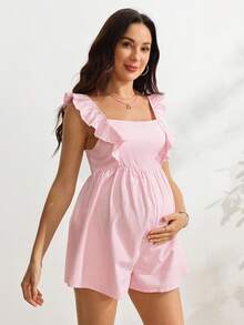 SHEIN 女款條紋孕婦連身褲，夏季時尚休閒粉紅色 - 粉色 - 查看 5