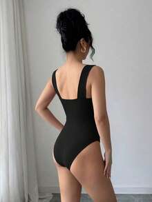 Selianne Women's Summer Beach Vacation Casual Daily Commute Minimalist Versatile Solid Color Metal Decor Ruched Bust Cami Bodysuit - Black - View 2