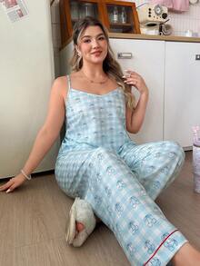 Slumberry CURVE Sweet & Cute Ins Cherry & Plaid Print V-Neck Cami Pajama Set For Plus Size Women - Blue and White - View 4