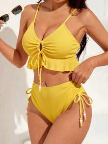 Swim Vcay Conjunto de Traje de Baño de Dos Piezas unicolor para Vacaciones en la Playa - Amarillo - Ver 4